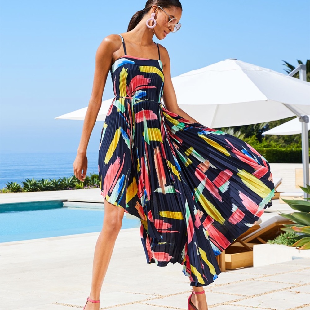 NWT Milly Irene Modern Brushstroke Pleated Twill High-Low Tie Dress Size 4